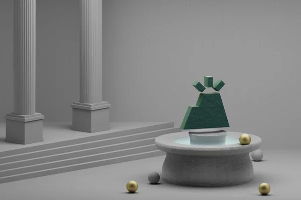 美丽的抽象插图绿色火山符号图标上的喷泉和柱状背景 3D渲染说明 — 图库照片