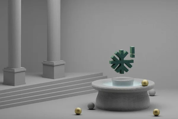 美丽的抽象插图绿色严重寒冷象征图标上的喷泉和柱状背景 3D渲染说明 — 图库照片