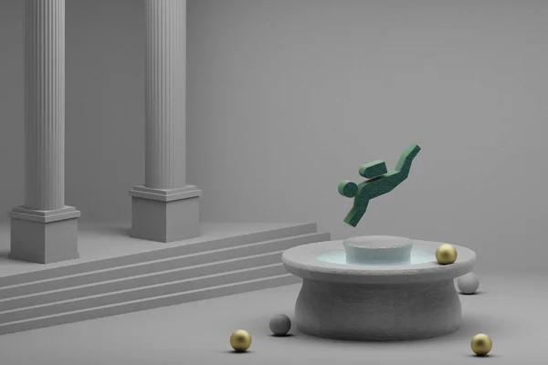 美丽的抽象插图绿色水肺潜水图标上的喷泉和柱状背景 3D渲染说明 — 图库照片
