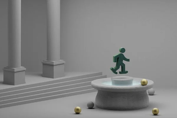美丽的抽象插图绿色雪鞋符号图标上的喷泉和柱状背景 3D渲染说明 — 图库照片