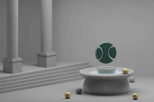 美丽的抽象画绿色运动棒球符号图标上的喷泉和柱状背景 3D渲染说明 — 图库照片