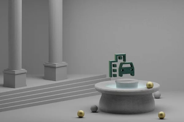 美丽的抽象插图绿色的埃莫吉交通符号图标上的喷泉和列的背景 3D渲染说明 — 图库照片