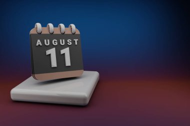 Standing black and red month lined desk calendar with date August 11. Modern design with golden elements, 3d rendering illustration. Blue gray background.	