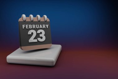 Standing black and red month lined desk calendar with date February 23. Modern design with golden elements, 3d rendering illustration. Blue gray background.	