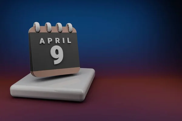 黒と赤の月に立っ日付4月9日と机のカレンダー セラミックスタンドと明るい色の背景に 黄金の要素を持つモダンなデザイン 3Dレンダリングイラスト デザインの背景パターン — ストック写真