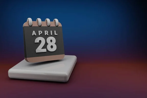 Standing black and red month lined desk calendar with date April 28. Modern design with golden elements, 3d rendering illustration. Blue gray background.