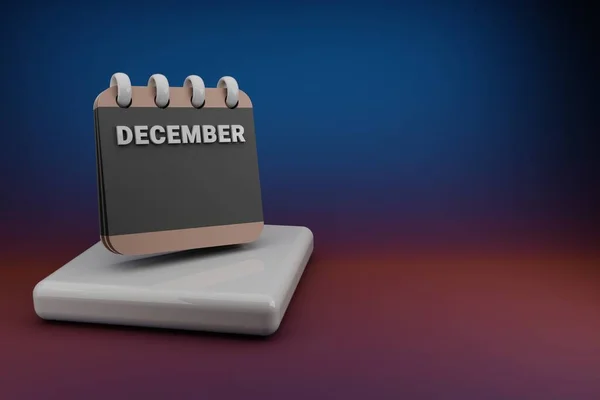 Standing black and red month lined desk calendar with date December . Modern design with golden elements, 3d rendering illustration. Blue gray background.