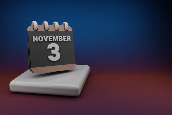 Standing black and red month lined desk calendar with date November 3. Modern design with golden elements, 3d rendering illustration. Blue gray background.