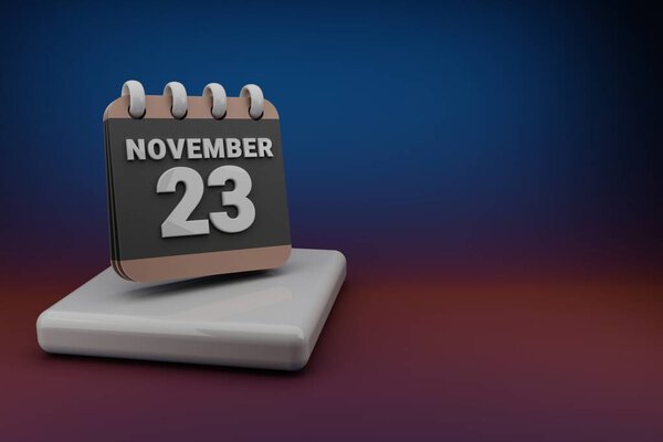 Standing black and red month lined desk calendar with date November 23. Modern design with golden elements, 3d rendering illustration. Blue gray background.