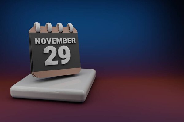 Standing black and red month lined desk calendar with date November 29. Modern design with golden elements, 3d rendering illustration. Blue gray background.
