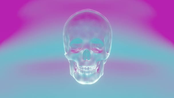3D抽象的なホログラフィックの頭蓋骨は 芸術とテクノロジーの驚くべき融合を示しています ホログラフィック効果は頭蓋骨に透明で倫理的な外観を与え 光が反射する — ストック動画