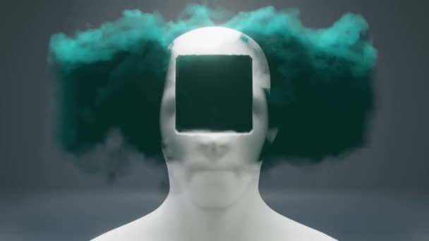 人間の心と倫理的な要素のブレンドを象徴する雲を備えた穴のある抽象的な頭 — ストック動画