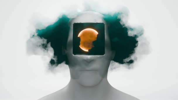 人間の心と倫理的な要素のブレンドを象徴する雲を備えた穴のある抽象的な頭 — ストック動画