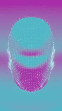 Bu soyut, renkli bir zeka yüz tarayıcısının üç boyutlu bir modeli. Parlak renklerde dönen bir ekranı var. Model karmaşık bir şekilde tasarlanmış, bir kompleks sergiliyor.