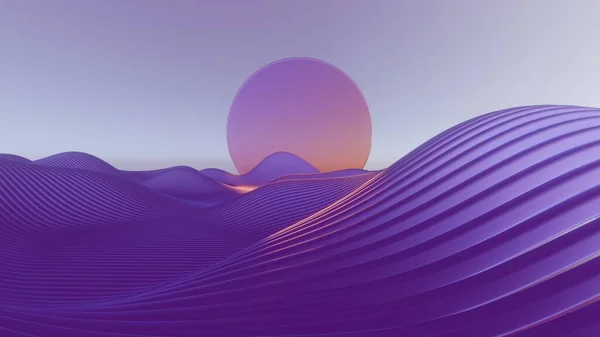 3D minimalist design featuring a retro wave and a glass sun, merging modern aesthetics with nostalgic elements.