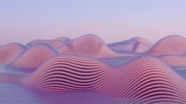 3 boyutlu, retro dalga titreşimli minimalist animasyon, pastel renkler, geometrik şekiller ve geleceksel, nostaljik bir atmosfer içeriyor.