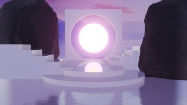 Bu 3 boyutlu manzara, nostaljik ama modern bir estetik için temiz çizgiler ve geometrik şekillerle minimalist bir retro stili somutlaştırmaktadır.