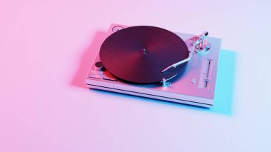 Bu 3D illüstrasyonda canlı renklere sahip bir vinil plak çalar, klasik bir müzik çalarına modern ve renkli bir kıvrım eklenir.