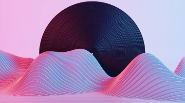 Bu sanat eseri, analog müziğin nostaljisini neon dalgalarının gelecekteki estetiğiyle birleştirerek, retro dalga manzarasına karşı bir vinil plak setini betimlemektedir..