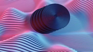 Bu sanat eseri, analog müziğin nostaljisini neon dalgalarının gelecekteki estetiğiyle birleştirerek, retro dalga manzarasına karşı bir vinil plak setini betimlemektedir..