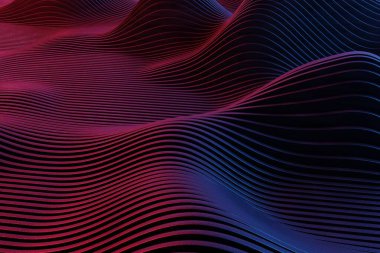 Bu büyüleyici görüntü, canlı kırmızı ve mavi ışıklarla aydınlatılan ve nostaljik ama geleceksel bir atmosferi çağrıştıran bir retro dalga manzarasını yansıtıyor..