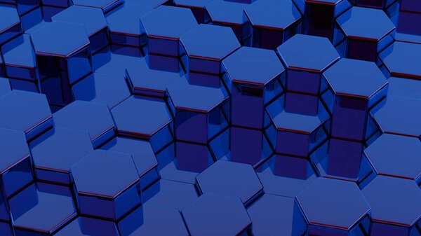 Stylized, geometric shapes forming a simplified blockchain.