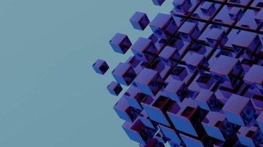 Basitleştirilmiş blockchain stilize geometrik şekillerle tasvir edilir, merkezi olmayan teknolojinin modern ve soyut bir temsilini sunar.