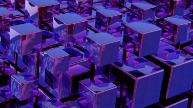 Basitleştirilmiş blockchain stilize geometrik şekillerle tasvir edilir, merkezi olmayan teknolojinin modern ve soyut bir temsilini sunar.