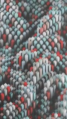 Basitleştirilmiş blockchain stilize geometrik şekillerle tasvir edilir, merkezi olmayan teknolojinin modern ve soyut bir temsilini sunar.