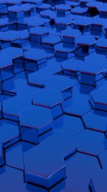 Basitleştirilmiş blockchain stilize geometrik şekillerle tasvir edilir, merkezi olmayan teknolojinin modern ve soyut bir temsilini sunar.