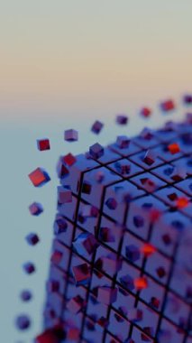 Basitleştirilmiş blockchain stilize geometrik şekillerle tasvir edilir, merkezi olmayan teknolojinin modern ve soyut bir temsilini sunar.