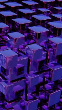 Basitleştirilmiş blockchain stilize geometrik şekillerle tasvir edilir, merkezi olmayan teknolojinin modern ve soyut bir temsilini sunar.