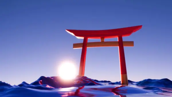stock image Sunset Over Tranquil Waters: Abstract Torii Gate in Minimalist 3D Art