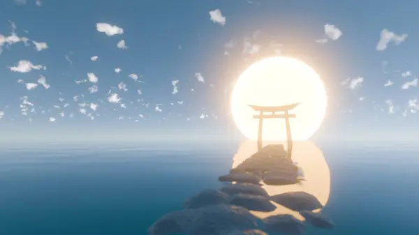 stock image Pathway to Tranquility: Modern 3D Representation of a Traditional Torii Gate at Sunrise