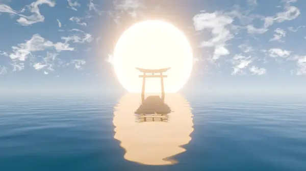 stock image Pathway to Tranquility: Modern 3D Representation of a Traditional Torii Gate at Sunrise