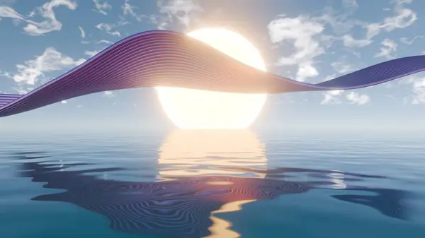 stock image Abstract Sunrise Over Serene Waters: A 3D Digital Artwork Featuring Fluid Motion and Vibrant Light