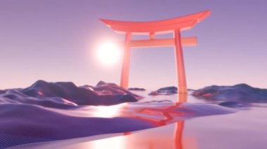 Sükunet Üzerindeki Günbatımı: Minimalist 3D Sanat dalında soyut Torii Kapısı