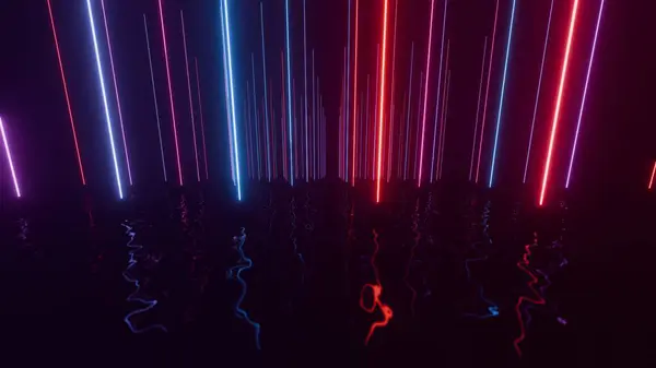 stock image Illuminated Symphony: A Neon Journey through Vertical Light Beams and Reflective Waves