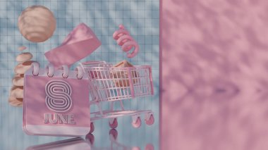 8 Haziran için Alışveriş Arabası ile 3D Soyut Pembe Takvim