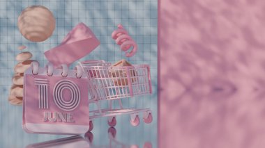 10 Haziran için Alışveriş Arabası ile 3D Soyut Pembe Takvim