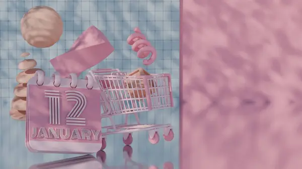 stock image 3D Abstract Pink Calendar for January 12 with Shopping Cart