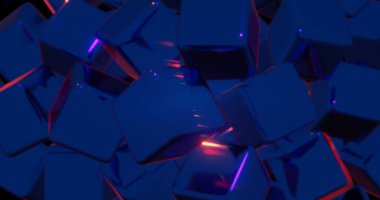 Mavi ve Pembe Neon Işıklı Soyut 3D Kübik Desen