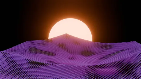 stock image Abstract Digital Landscape with Purple 3D Grid and Rising Sun in the Background