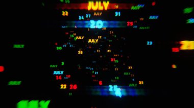 JULY Takvim Tarihleri Karanlık Arkaplanda Canlı Neon Renkleri