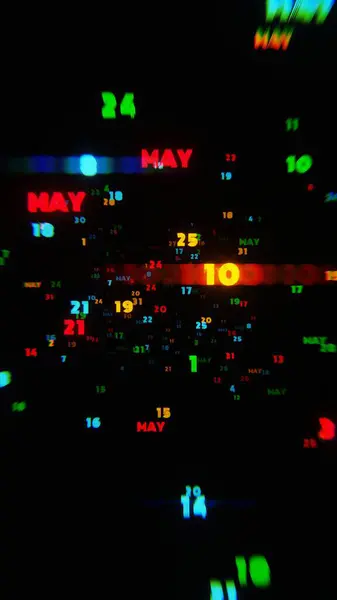 stock image MAY Calendar Dates in Vibrant Neon Colors on Dark Background