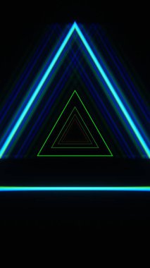 Karanlık arkaplanda neon çizgileri olan soyut parlayan üçgen.