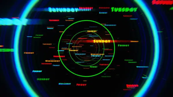 stock image Abstract spiral with days of the week in neon colors on a dark background.