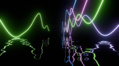 Neon light waves reflecting on water in dark space with vibrant green and purple hue clipart