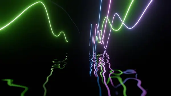 stock image Neon light waves reflecting on water in dark space with vibrant green and purple hue