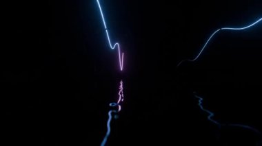 Neon ışık dalgaları, parlak yeşil ve mor renkleriyle karanlık uzayda suyu yansıtıyor.